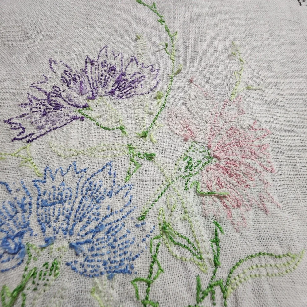 Vintage Hand Embroidered Linen Table Runner Floral Crochet Lace Trim 38x12